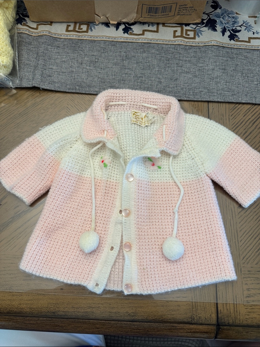 Knit Pink & White Baby Sweater with Pom Pom Ties